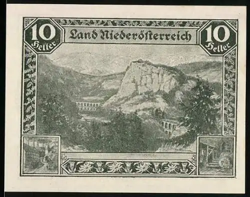 Notgeld Wien / Land Niederösterreich 1920, 10 Heller, Landschaft mit Viadukt und Felsenmotiv