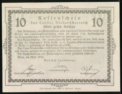 Notgeld Wien / Land Niederösterreich 1920, 10 Heller, Landschaft mit Viadukt und Felsenmotiv