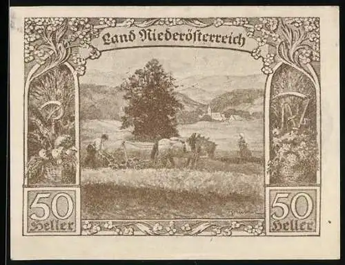 Notgeld Wien / Land Niederösterreich 1920, 50 Heller, ländliche Szene mit Pferdewagen und floralen Motiven