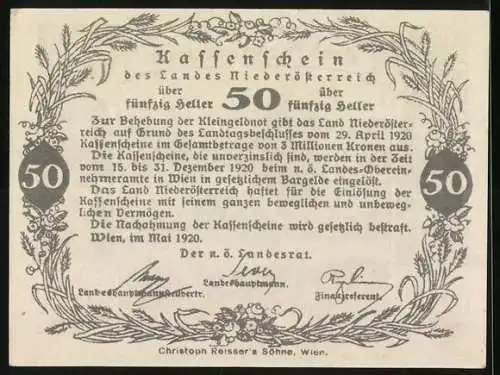 Notgeld Wien / Land Niederösterreich 1920, 50 Heller, ländliche Szene mit Pferdewagen und floralen Motiven