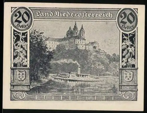 Notgeld Wien / Land Niederösterreich 1920, 20 Heller, Dampfschiff vor Abtei, Wappen und Ornamentik