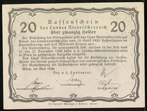 Notgeld Wien / Land Niederösterreich 1920, 20 Heller, Dampfschiff vor Abtei, Wappen und Ornamentik