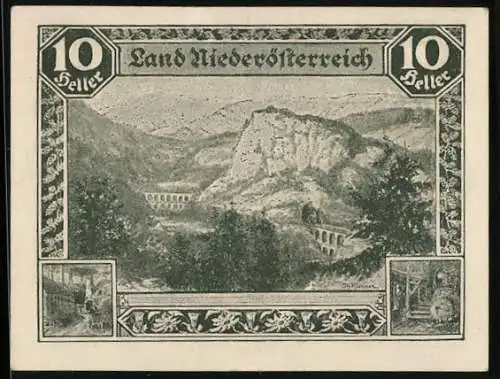 Notgeld Wien / Land Niederösterreich 1920, 10 Heller, Landschaft mit Viadukt und zwei kleinen Szenen, Kassenanweisung