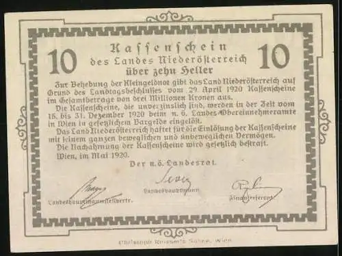 Notgeld Wien / Land Niederösterreich 1920, 10 Heller, Landschaft mit Viadukt und zwei kleinen Szenen, Kassenanweisung