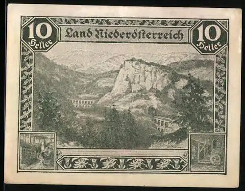 Notgeld Wien / Land Niederösterreich 1920, 10 Heller, Landschaft mit Eisenbahnviadukt und Burgruine