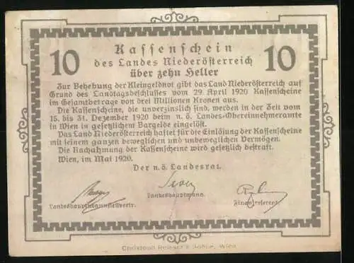 Notgeld Wien / Land Niederösterreich 1920, 10 Heller, Landschaft mit Eisenbahnviadukt und Burgruine