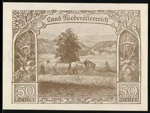 Notgeld Wien / Land Niederösterreich 1920, 50 Heller, ländliche Szene mit Pferden und Pflug, Weizen und Sense-Motiv