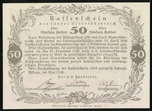 Notgeld Wien / Land Niederösterreich 1920, 50 Heller, ländliche Szene mit Pferden und Pflug, Weizen und Sense-Motiv