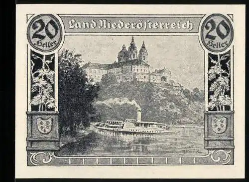 Notgeld Wien / Land Niederösterreich 1920, 20 Heller, Stift Melk und Dampfschiff auf der Donau, Wappen