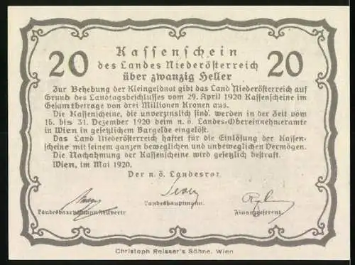 Notgeld Wien / Land Niederösterreich 1920, 20 Heller, Stift Melk und Dampfschiff auf der Donau, Wappen