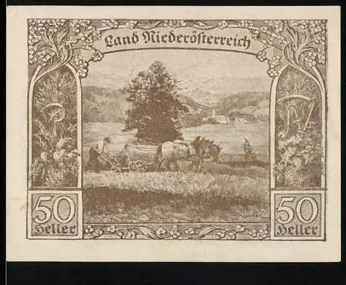 Notgeld Wien / Land Niederösterreich 1920, 50 Heller, bäuerliche Landschaft mit Pflug und Ernte-Symbolen