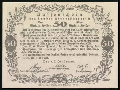 Notgeld Wien / Land Niederösterreich 1920, 50 Heller, bäuerliche Landschaft mit Pflug und Ernte-Symbolen