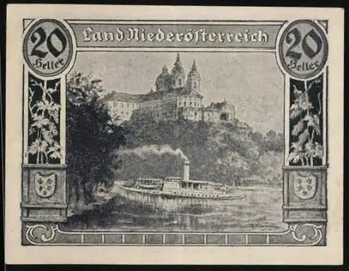 Notgeld Wien / Land Niederösterreich 1920, 20 Heller, Dampfschiff und Klosteransicht