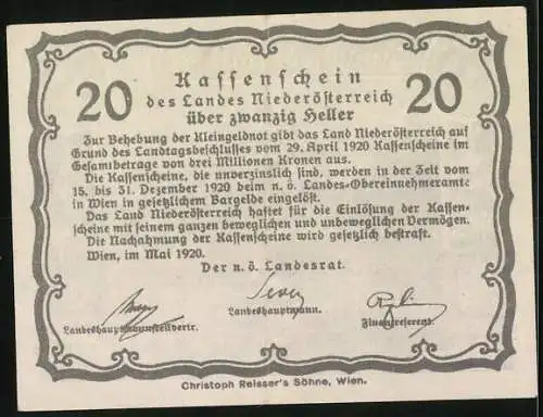 Notgeld Wien / Land Niederösterreich 1920, 20 Heller, Dampfschiff und Klosteransicht