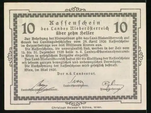 Notgeld Wien / Land Niederösterreich 1920, 10 Heller, Landschaft mit Viadukt & Gebäuden, Christoph Reisser`s Söhne, Wien