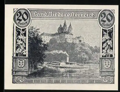 Notgeld Wien / Land Niederösterreich 1920, 20 Heller, Dampfschiff und Klosteransicht