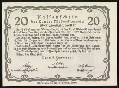 Notgeld Wien / Land Niederösterreich 1920, 20 Heller, Dampfschiff und Klosteransicht
