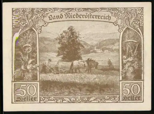 Notgeld Wien / Land Niederösterreich 1920, 50 Heller, Pflügende Bauernlandschaft und florale Verzierung