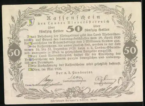 Notgeld Wien / Land Niederösterreich 1920, 50 Heller, Pflügende Bauernlandschaft und florale Verzierung