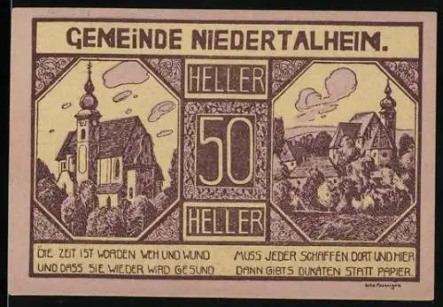 Notgeld Niederthalheim 1920, 50 Heller, Kirche und Dorfansicht, Reimtext über Arbeit und Wohlstand