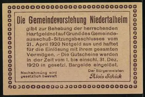 Notgeld Niederthalheim 1920, 50 Heller, Kirche und Dorfansicht, Reimtext über Arbeit und Wohlstand