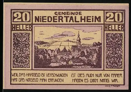 Notgeld Niederthalheim 1920, 20 Heller, Dorfansicht mit Kirche, Text über Papiergeld und Notwendigkeit