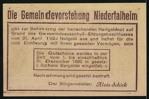 Notgeld Niederthalheim 1920, 20 Heller, Dorfansicht mit Kirche, Text über Papiergeld und Notwendigkeit