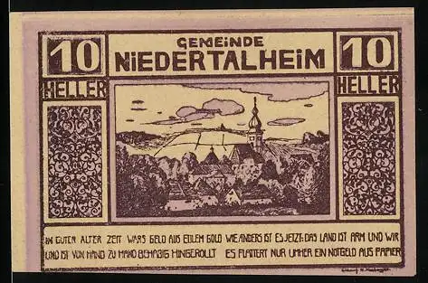 Notgeld Niederthalheim 1920, 10 Heller, Dorflandschaft und Ausgabevermerk