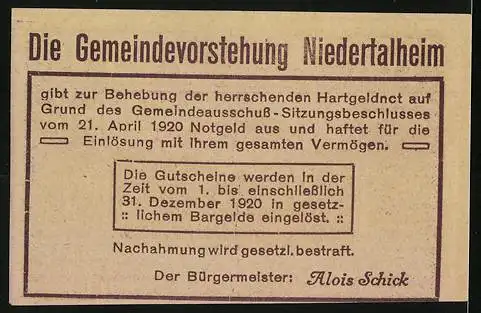 Notgeld Niederthalheim 1920, 10 Heller, Dorflandschaft und Ausgabevermerk