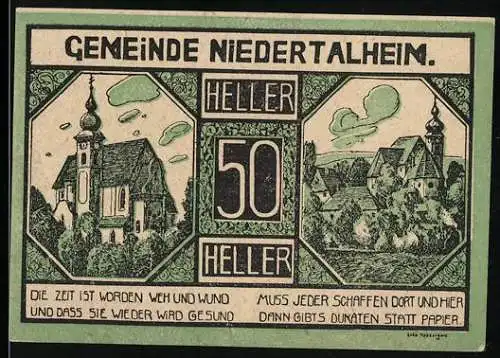 Notgeld Niederthalheim 1920, 50 Heller, Kirchenansichten und Dorfansicht, Aufruf zur Wiederherstellung der Zeit