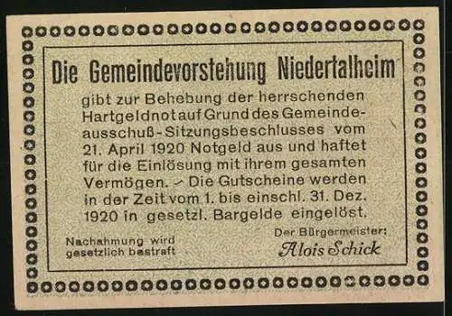 Notgeld Niederthalheim 1920, 50 Heller, Kirchenansichten und Dorfansicht, Aufruf zur Wiederherstellung der Zeit