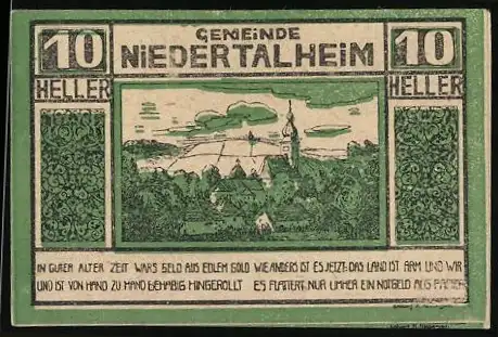 Notgeld Niederthalheim 1920, 10 Heller, Dorflandschaft und Text über Gutscheinumtausch