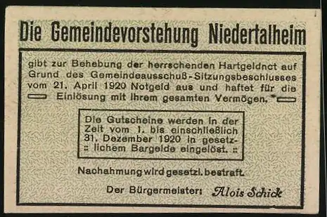 Notgeld Niederthalheim 1920, 10 Heller, Dorflandschaft und Text über Gutscheinumtausch