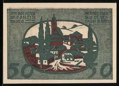 Notgeld Niederwaldkirchen 1920, 50 Heller, Stadtansicht mit Kirche und Landschaft