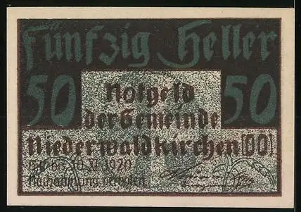 Notgeld Niederwaldkirchen 1920, 50 Heller, Stadtansicht mit Kirche und Landschaft