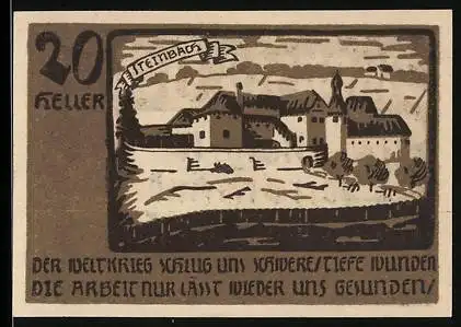 Notgeld Niederwaldkirchen 1920, 20 Heller, Burgansicht mit Spruchband und Landschaft