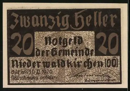 Notgeld Niederwaldkirchen 1920, 20 Heller, Burgansicht mit Spruchband und Landschaft