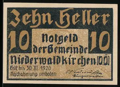 Notgeld Niederwaldkirchen 1920, 10 Heller, Turmmotiv und Inschrift Aus ernster Zeit ein ernstes Zeichen