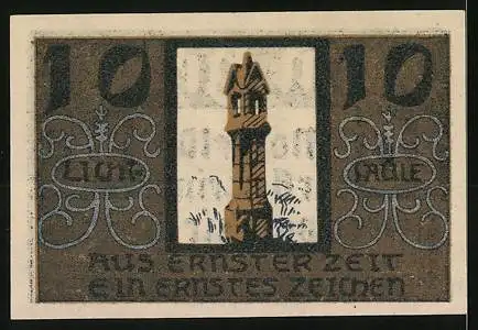 Notgeld Niederwaldkirchen 1920, 10 Heller, Turmmotiv und Inschrift Aus ernster Zeit ein ernstes Zeichen