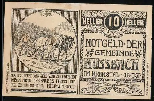 Notgeld Nussbach 1920, 10 Heller, Bauern mit Pflug, Gottes Hilfe und Fleiss des Bauern, Gemeindewappen