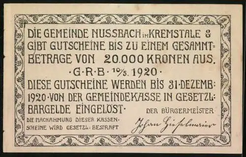 Notgeld Nussbach 1920, 10 Heller, Bauern mit Pflug, Gottes Hilfe und Fleiss des Bauern, Gemeindewappen