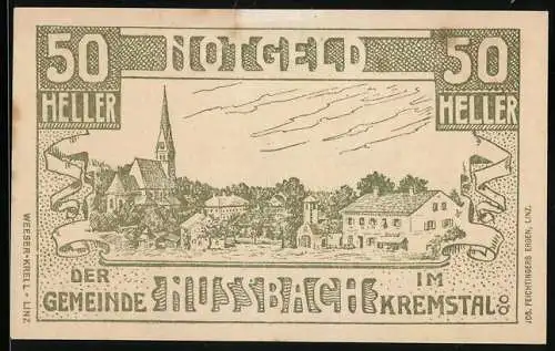 Notgeld Nussbach 1920, 50 Heller, Dorfszene mit Kirche im Kremstal