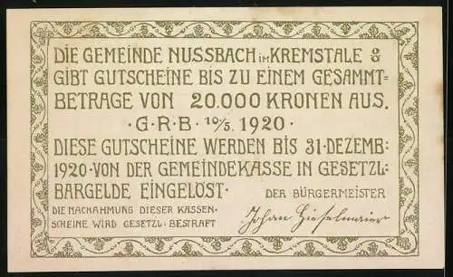 Notgeld Nussbach 1920, 50 Heller, Dorfszene mit Kirche im Kremstal