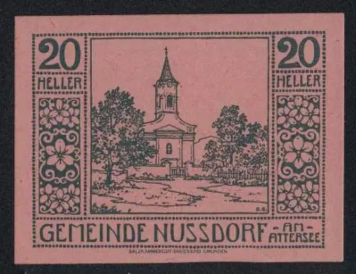 Notgeld Nussdorf am Attersee, 50 Heller, Kirche und florales Muster, gültig bis 30. November 1921