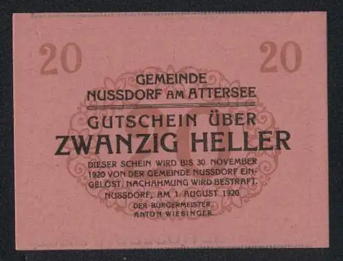 Notgeld Nussdorf am Attersee, 50 Heller, Kirche und florales Muster, gültig bis 30. November 1921