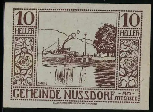 Notgeld Nussdorf am Attersee 1920, 10 Heller, Dampfschiff auf See und Rosenornamente