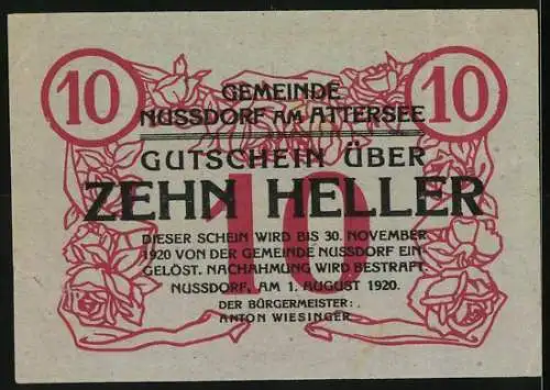 Notgeld Nussdorf am Attersee 1920, 10 Heller, Dampfschiff auf See und Rosenornamente