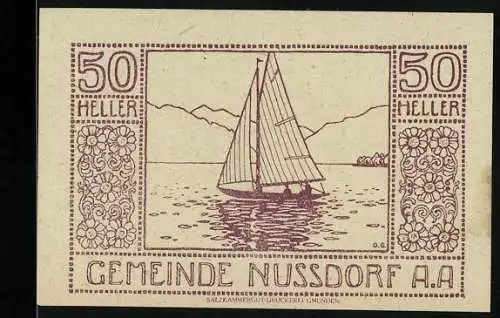 Notgeld Nussdorf am Attersee 1920, 50 Heller, Segelboot auf See, florales Muster