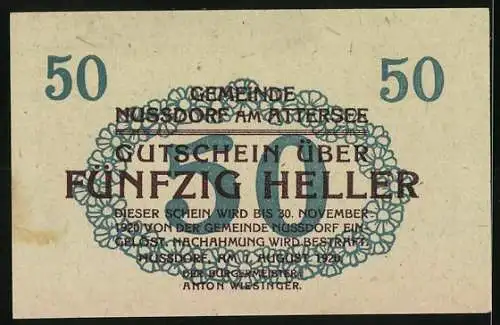 Notgeld Nussdorf am Attersee 1920, 50 Heller, Segelboot auf See, florales Muster