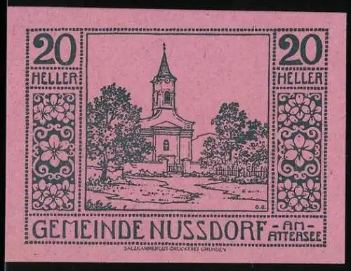 Notgeld Nussdorf am Attersee 1920, 20 Heller, Kirche mit Bäumen und Ornamenten